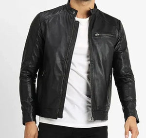 Men Black Collar Strap Leather Jacket Zing Apparel