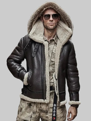 Mens-Brown-Hooded-B3-RAF-Aviator-Sheepskin-Shearling-Leather-Jacket