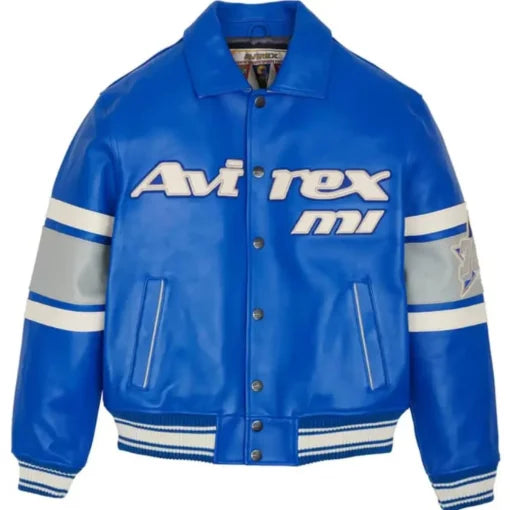 Avirex Men’s Varsity Blue Detroit USA Leather Jacket Real Cowhide
