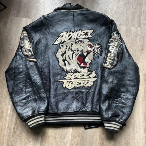 Avirex Vintage 90s Black Speed Tiger Real Leather Bomber Jacket