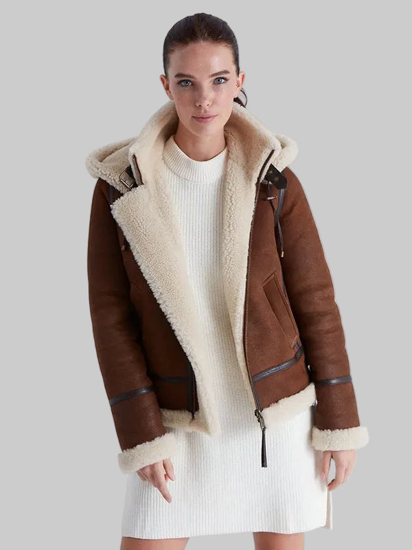 Chloe Women's Shearling Sheepskin Jacket with Detachable Hood