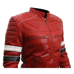 Genuine Striped Red Leather Moto Jacket Mens Sale