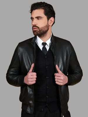 Gerardo Real Leather Black Bomber Jacket Buy