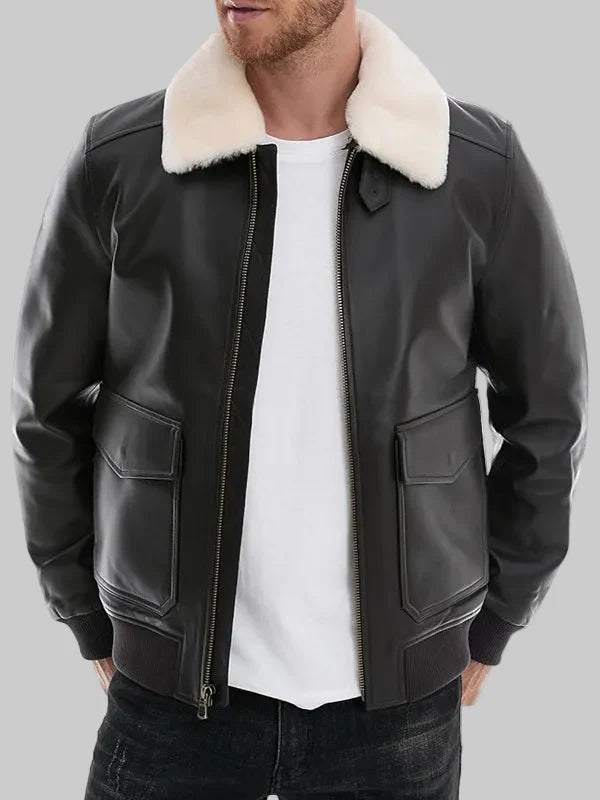 Men-Black-Leather-Bomber-Jacket-With-White-Real-Fur-Collar
