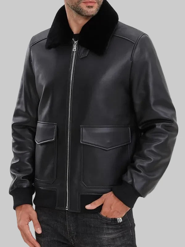 Men-Black-Leather-Bomber-Jacket-with-Real-Fur-Collar