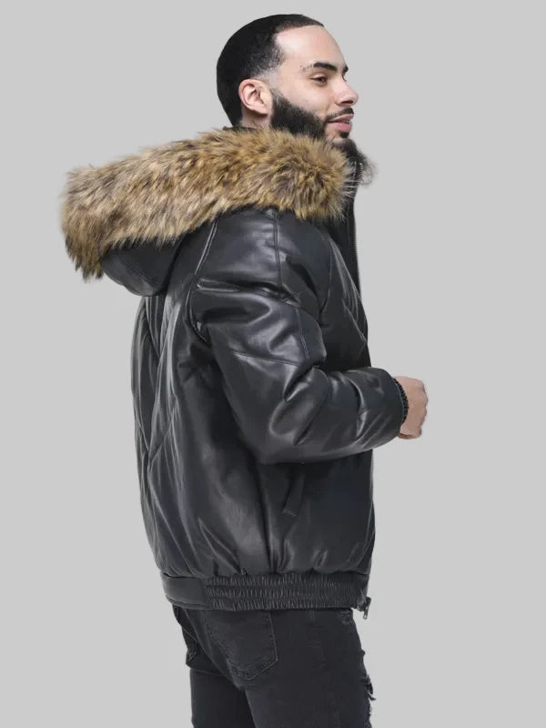 Mens-Black-Faux-Leather-V-Bomber-Jacket-with-Faux-Fur-Hood
