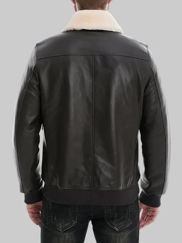 Mens-Black-Leather-Bomber-Jacket-With-White-Real-Fur-Collar