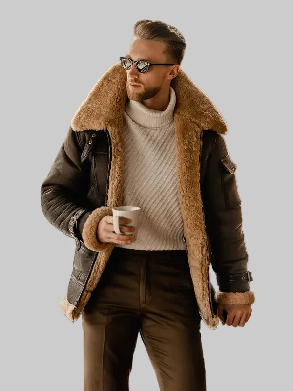 Mens-Brown-B3-Flying-Aviator-Shearling-Leather-Long-Jacket-Coat