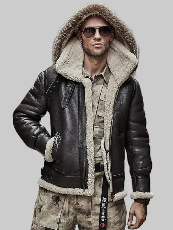 Mens-Brown-Hooded-B3-RAF-Aviator-Sheepskin-Shearling-Leather-Jacket