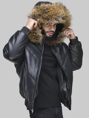 Mens-Faux-Leather-V-Bomber-Jacket-with-Faux-Fur-Hood-Black