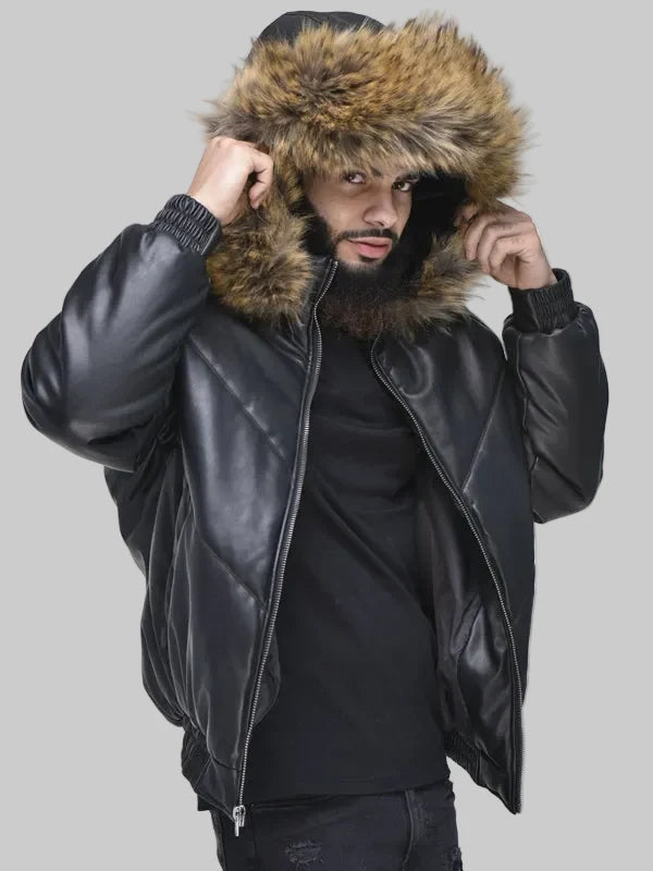 Mens-Faux-Leather-V-Bomber-Jacket-with-Faux-Fur-Hood-Black
