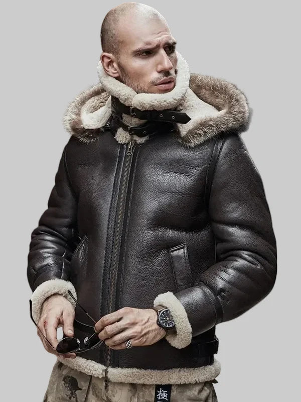 Mens-Hooded-B3-RAF-Aviator-Sheepskin-Shearling-Leather-Jacket-Brown