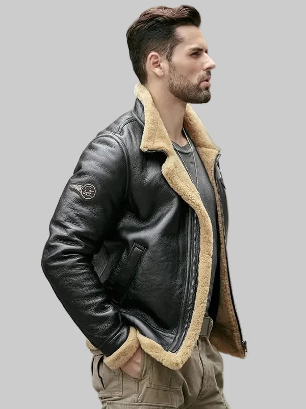 Mens-RAF-Aviator-Airforce-Sheepskin-Shearling-Black-Leather-Jacket