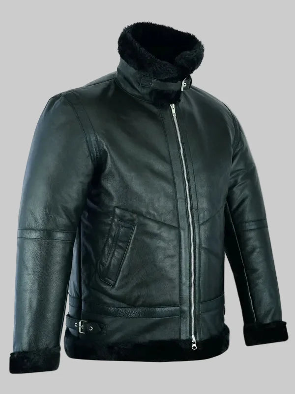 Mens-Shearling-Leather-Black-Fur-B3-RAF-Aviator-Bomber-Real-Sheepskin-Jacket-Green