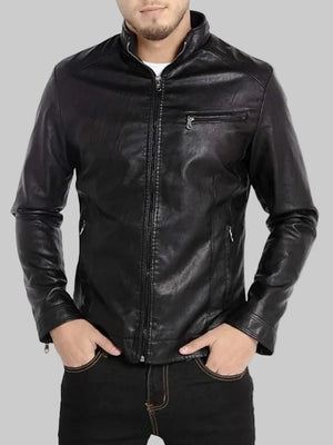 Mens-Stand-Collar-Leather-Jacket-Motorcycle-Lightweight