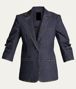Access Hollywood 2025 Emily Orozco Denim Ruched Sleeve Blazer USA Jackets