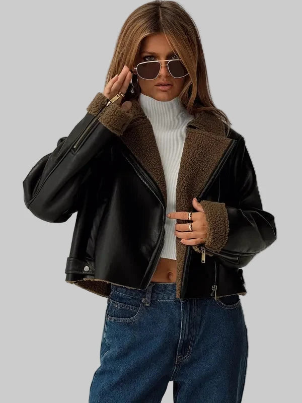 Shearling-Trim-Faux-Black-Leather-Jacket