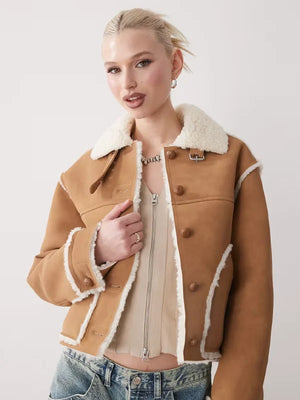 Suede-Leather-Aviator-Jacket-With-Faux-Shearling-Trim-And-Collar-In-Brown
