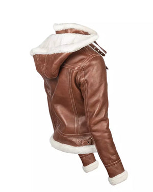 women-brown-hooded-shearling-jacket