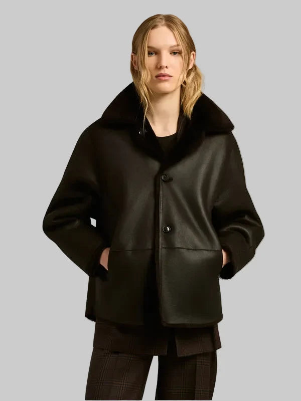 Women-Dark-Brown-Shearling-Short-Jacket