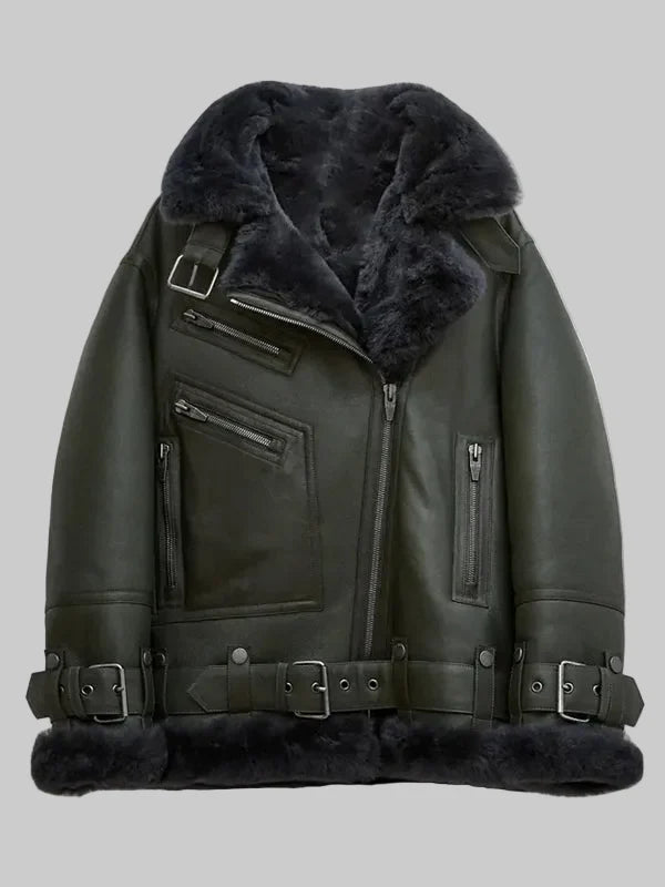Women-Green-RAF-Aviator-Styled-Lambskin-Black-Shearling-Leather-Jacket