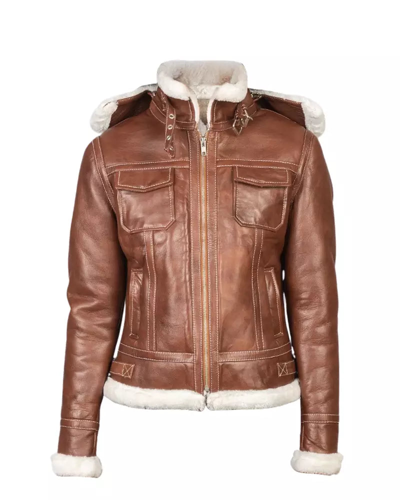 women-brown-hooded-shearling-jacket