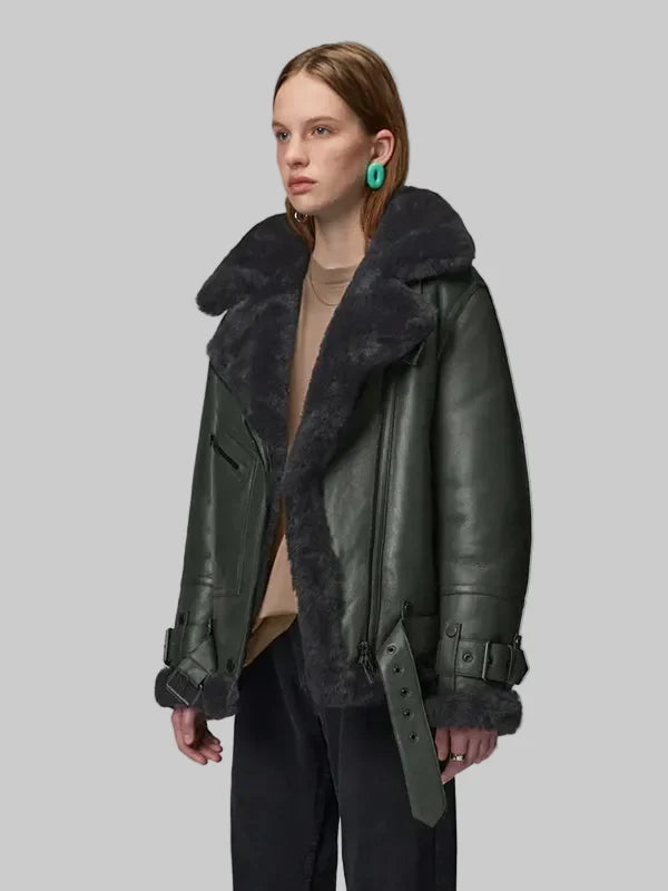 Womens-Green-RAF-Aviator-Styled-Lambskin-Black-Shearling-Leather-Jacket