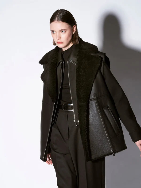 Womens-Sleeveless-black-shearling-leather-jacket