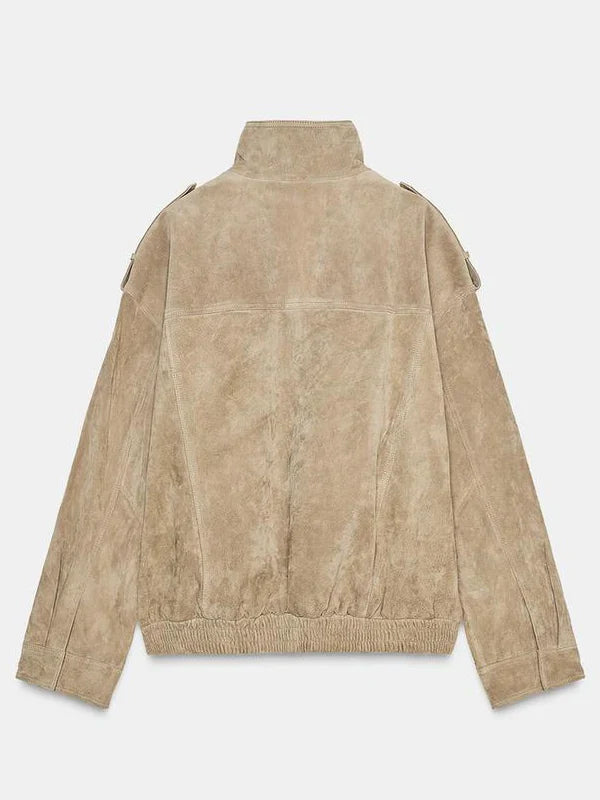 Zara-Woman-Nwt-Suede-Leather-Jacket-Bomber-Brown-Taupe-Back