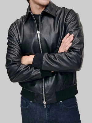Zip-Front-Black-Leather-Bomber-Jacket